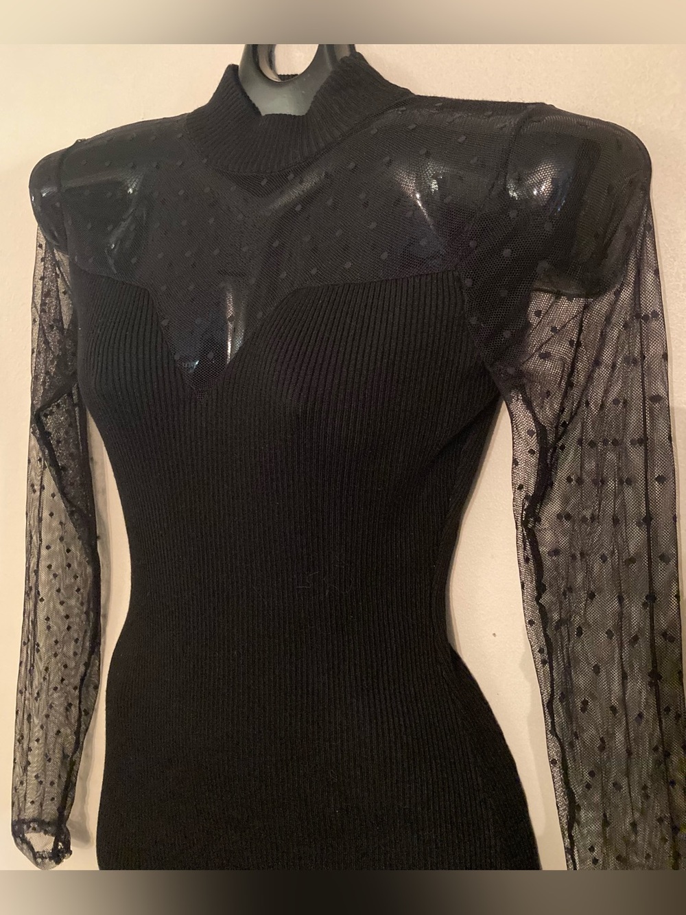 Almost Famous Black Sheer Dot-Sleeve Knit Bodycon Dress
